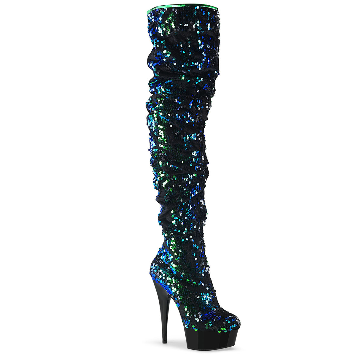 Pleaser Womens Boots DELIGHT-3004 Green Iridescent Sequins/Blk