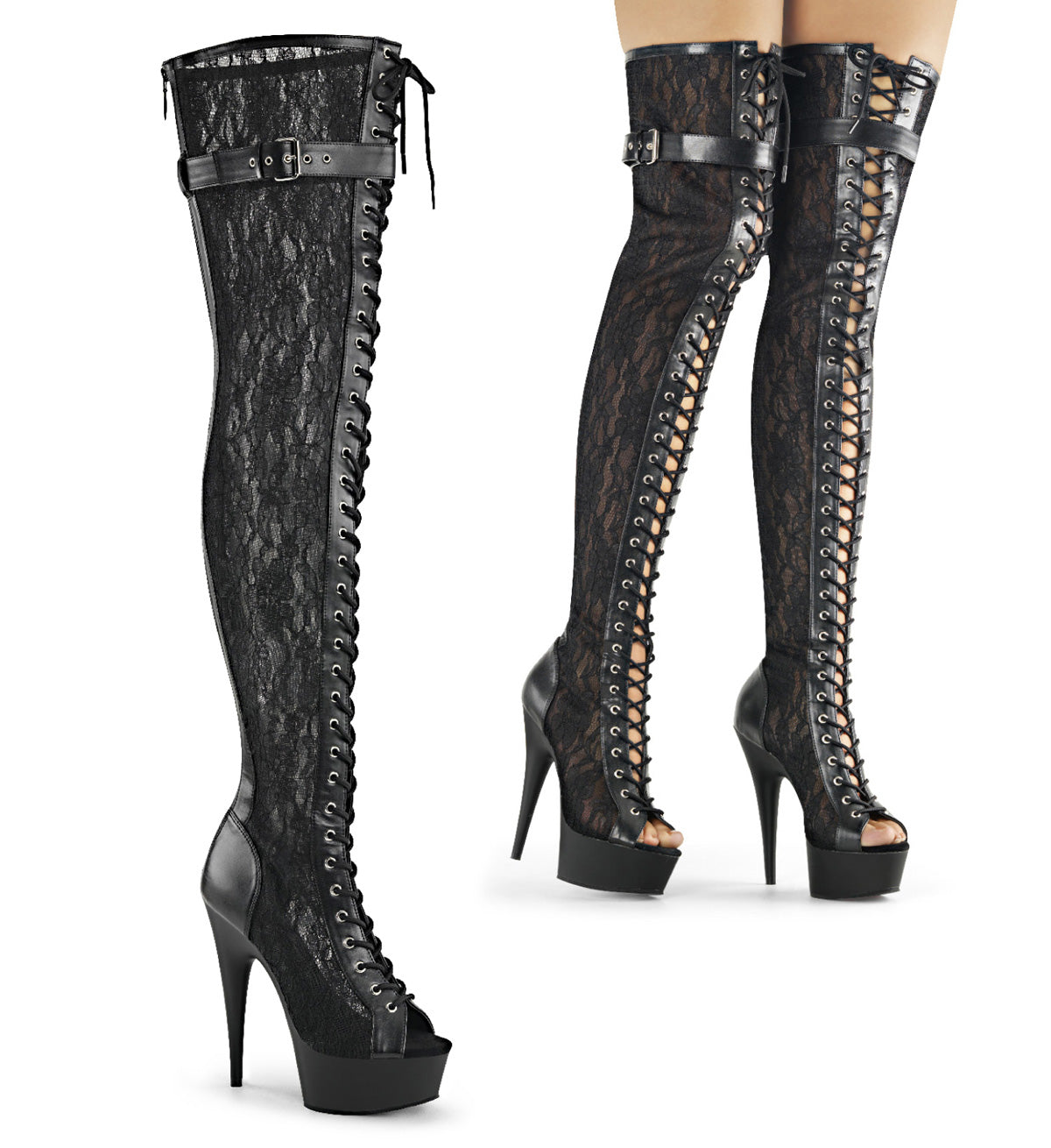 Pleaser Womens Boots. DELIGHT-3025ML BLK Faux Leder-Mesh-Lace / BLK Matte