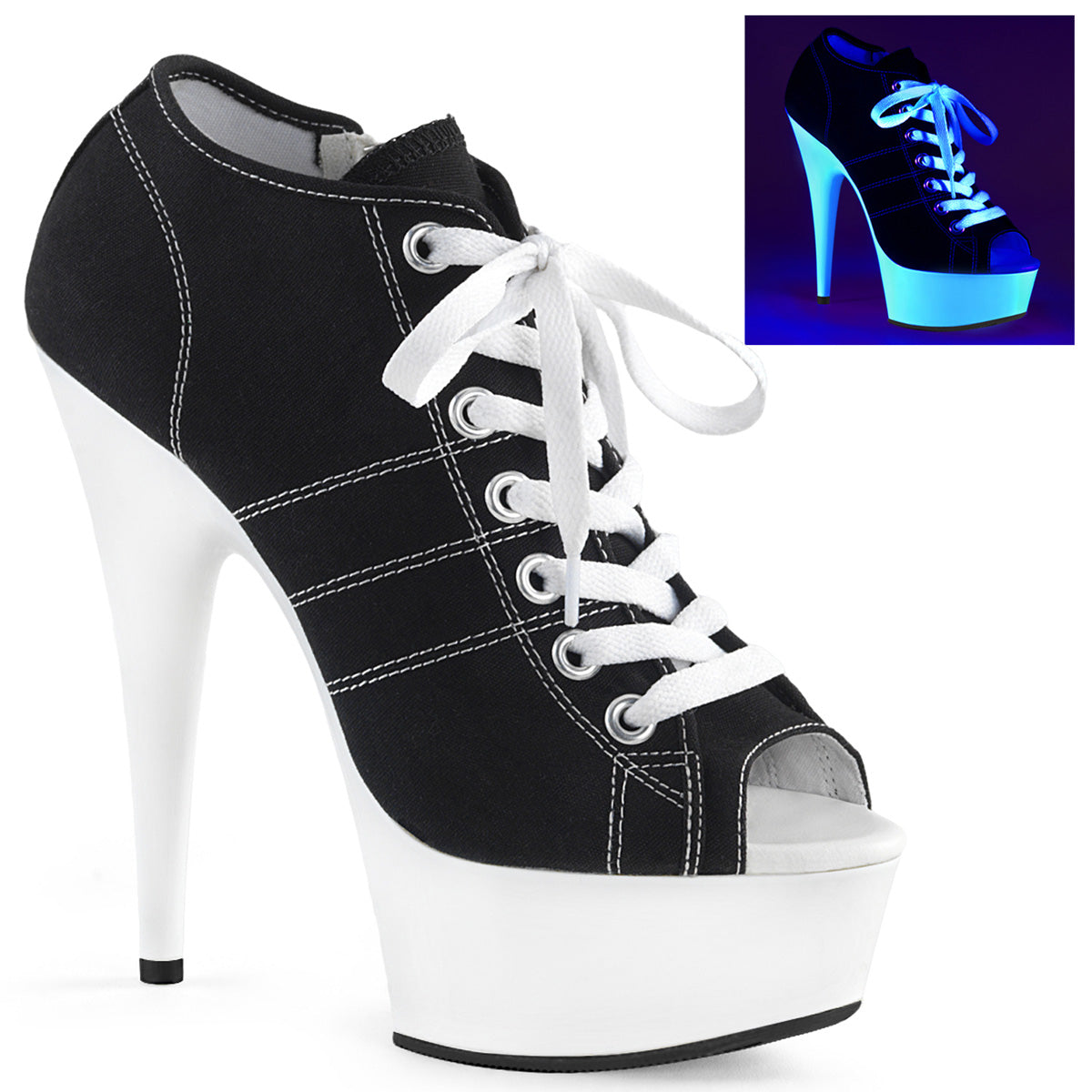 Pleaser Damen Sandalen DELIGHT-600SK-01 BLK-Leinwand / Neonweiß