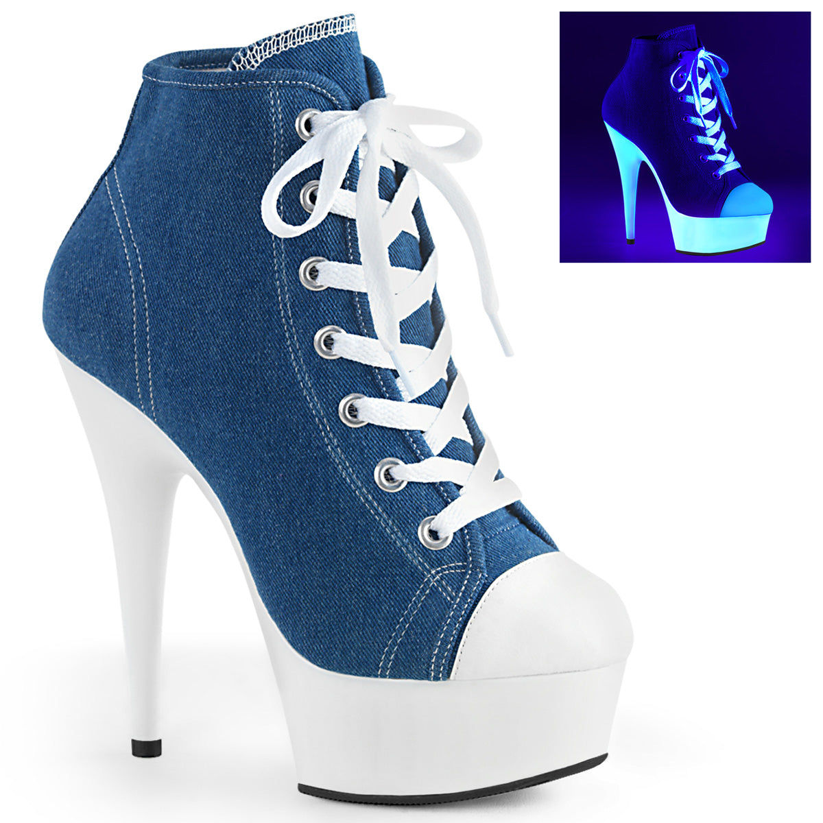 Pleaser Damen Knöchelstiefel DELIGHT-600SK-02 Denim Blue Leinwand / Neonweiß
