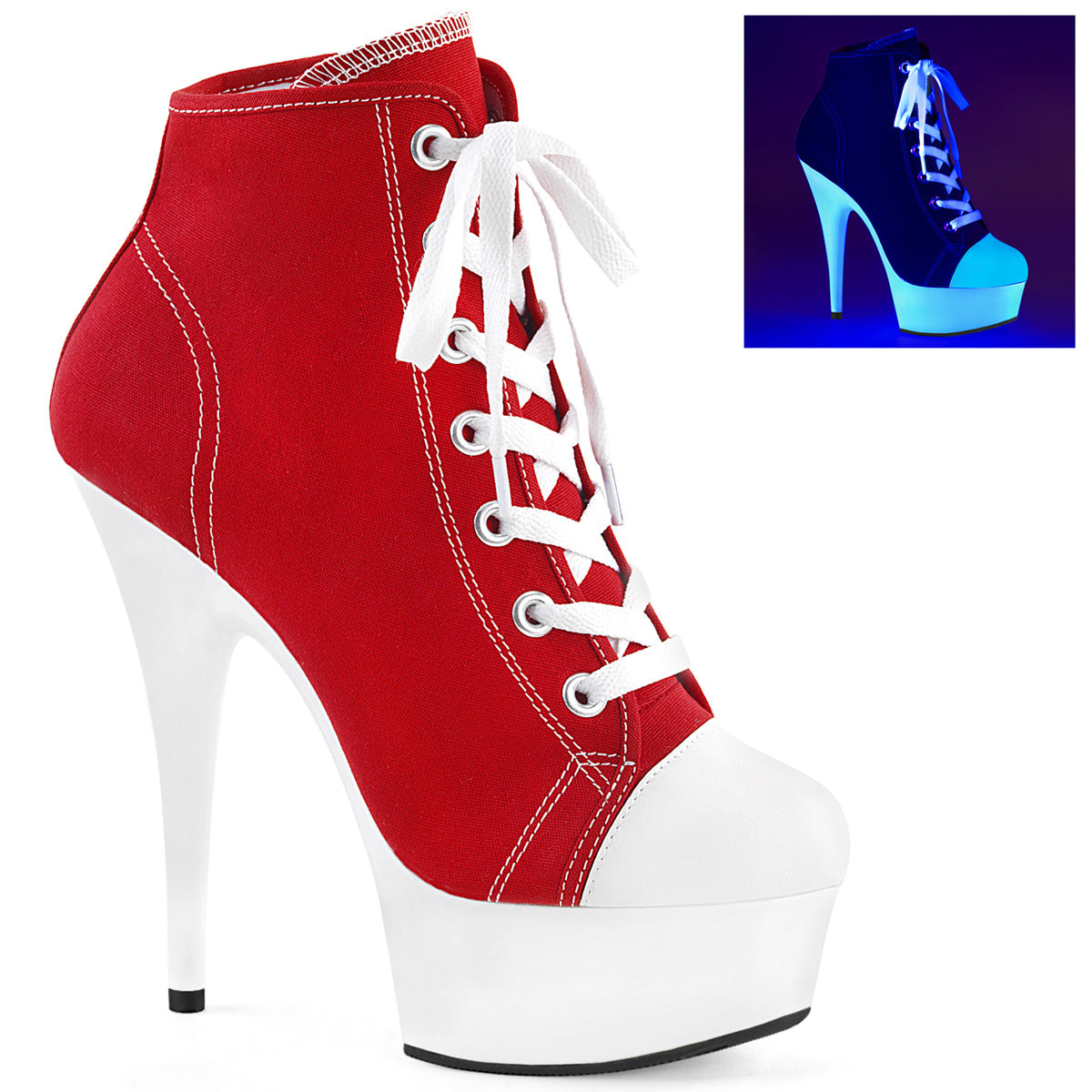 Pleaser Damen Knöchelstiefel DELIGHT-600SK-02 Rotes Leinwand / Neonweiß