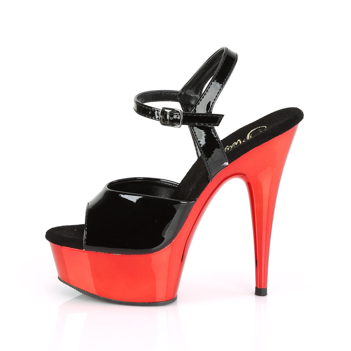 Pleaser Womens Sandals DELIGHT-609 Blk Pat/Red Chrome