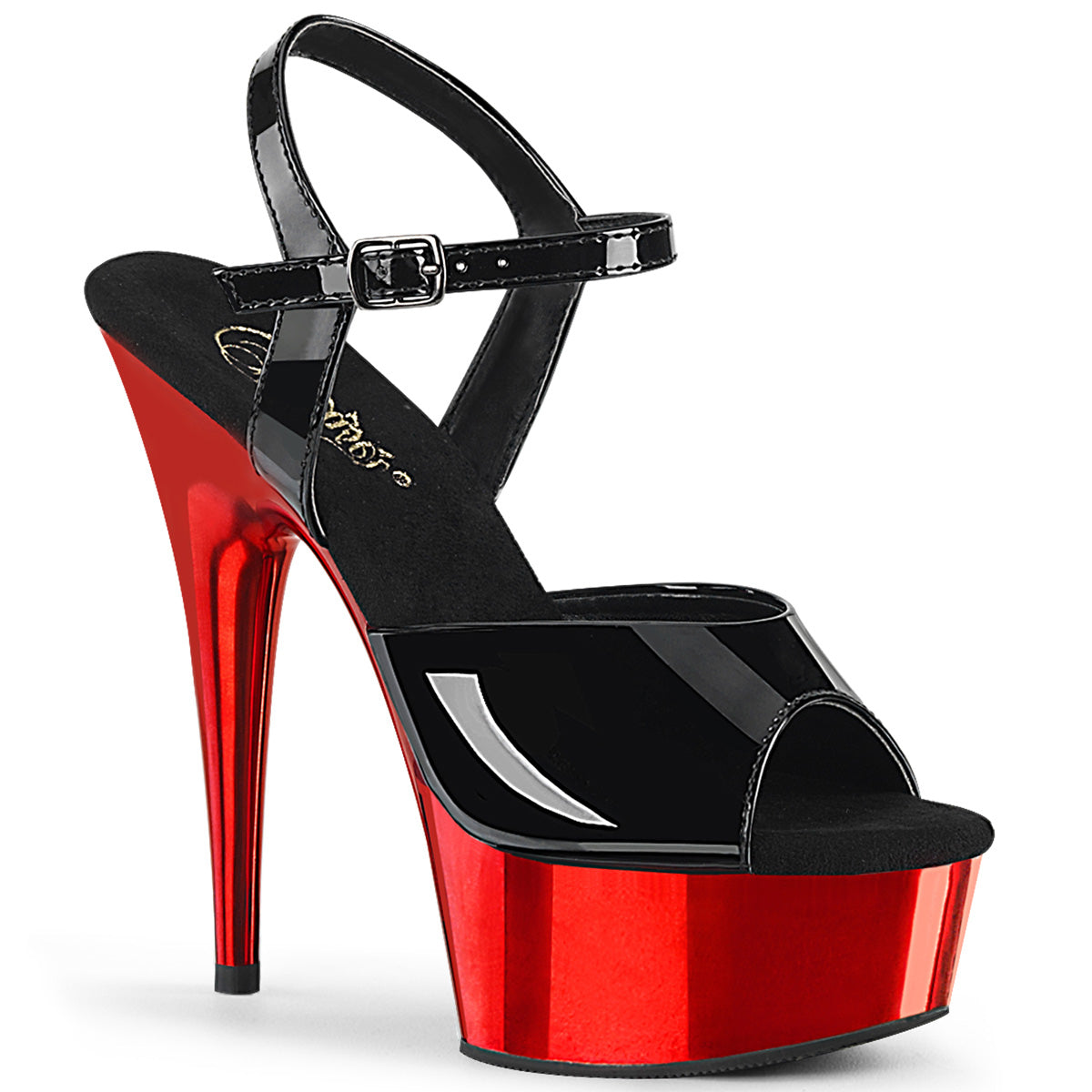 Pleaser Womens Sandals DELIGHT-609 Blk Pat/Red Chrome