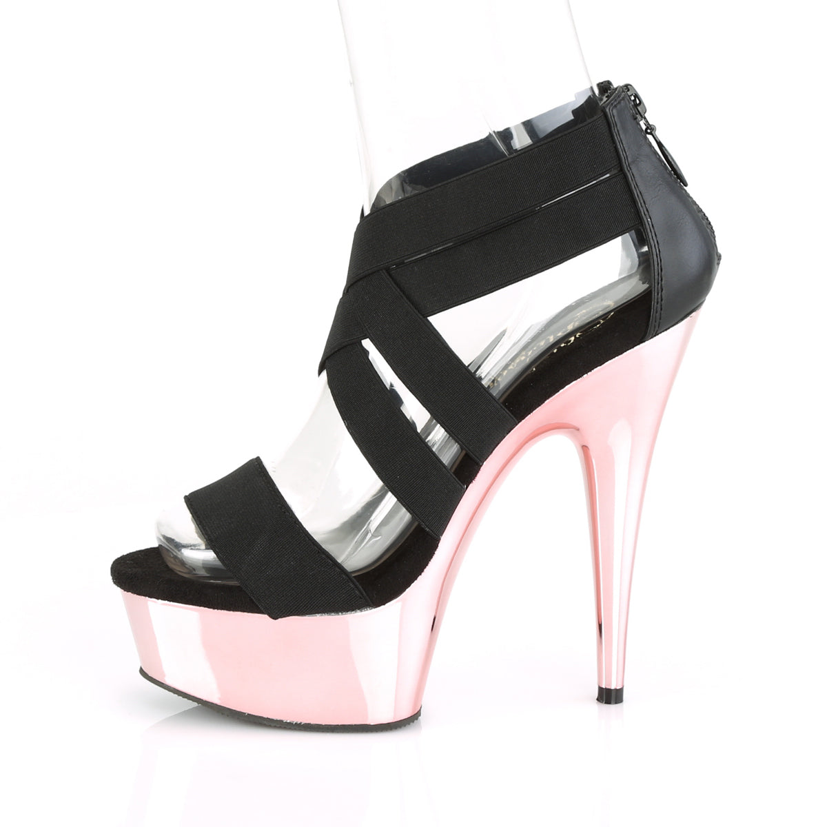 Pleaser Damen Sandalen DELIGHT-669 BLK elastischer Band-Faux Le / R. Gold Chrome