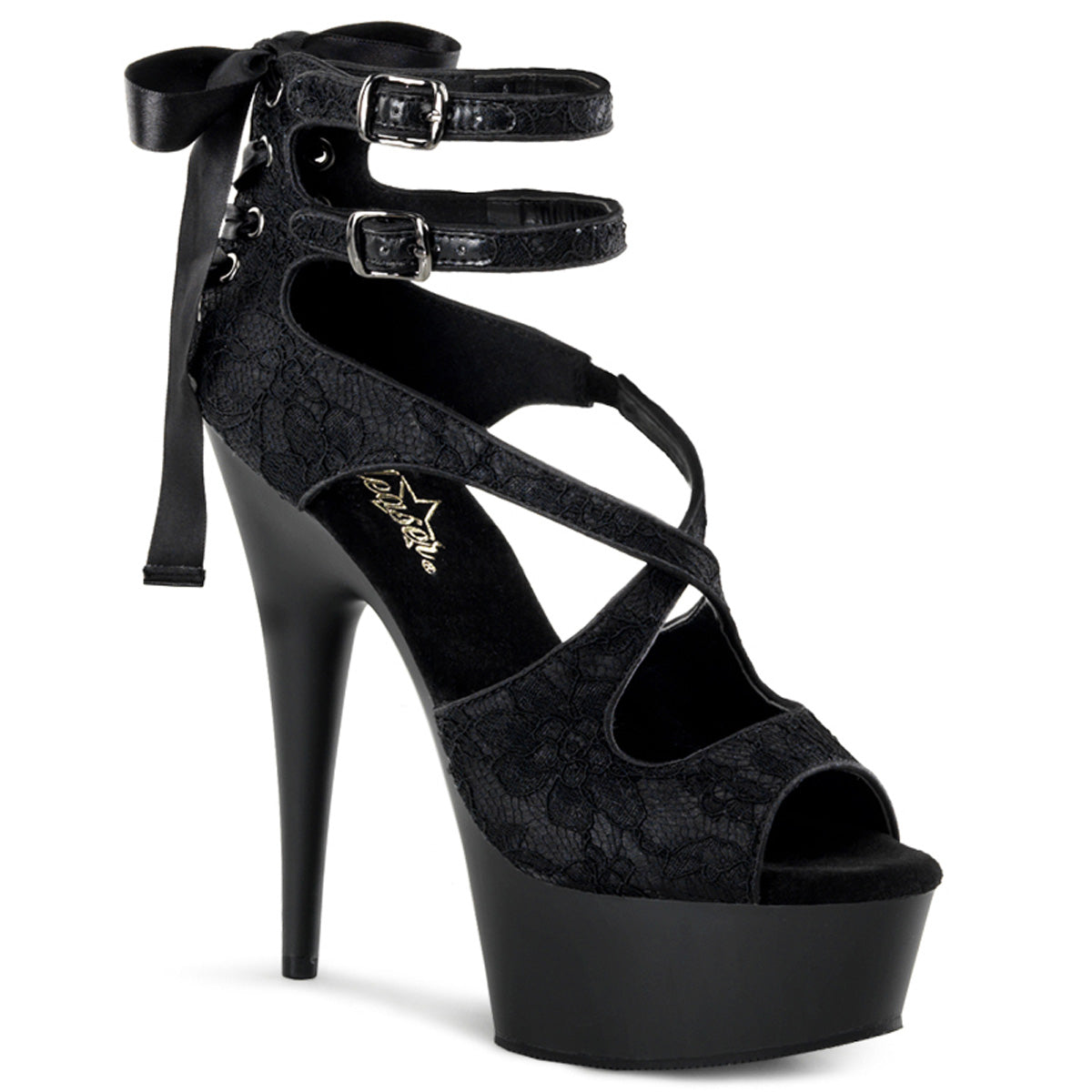 Pleaser Damen Sandalen DELIGHT-678LC BLK Satin-Lace / BLK Matte
