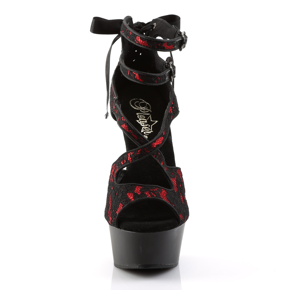 Pleaser Womens Sandals DELIGHT-678LC Red Satin-Lace/Blk Matte