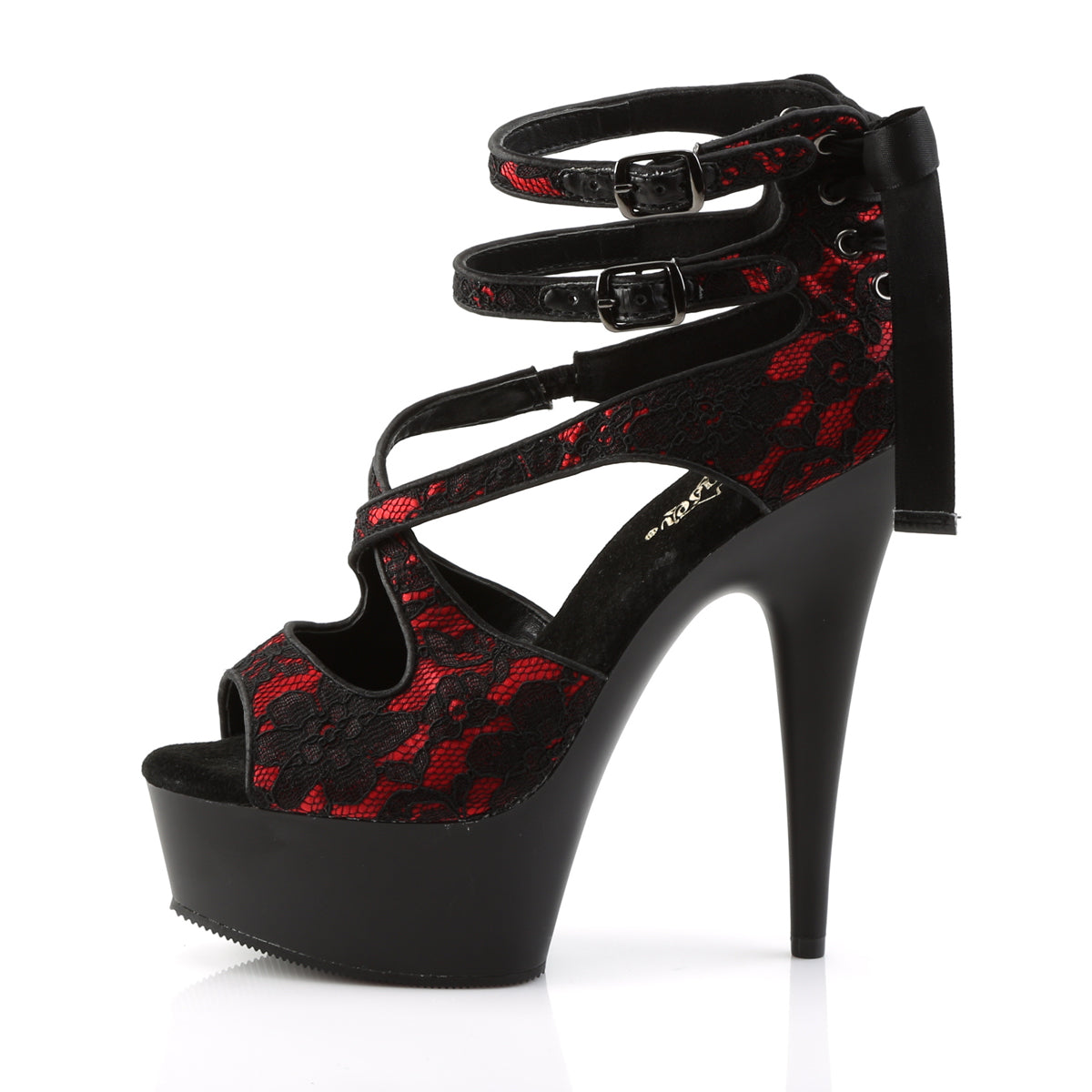 Pleaser Womens Sandals DELIGHT-678LC Red Satin-Lace/Blk Matte