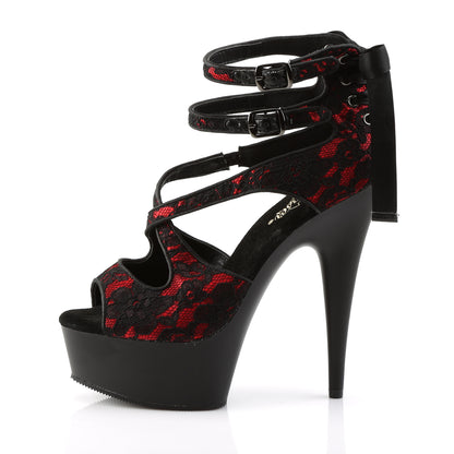 Pleaser Womens Sandals DELIGHT-678LC Red Satin-Lace/Blk Matte