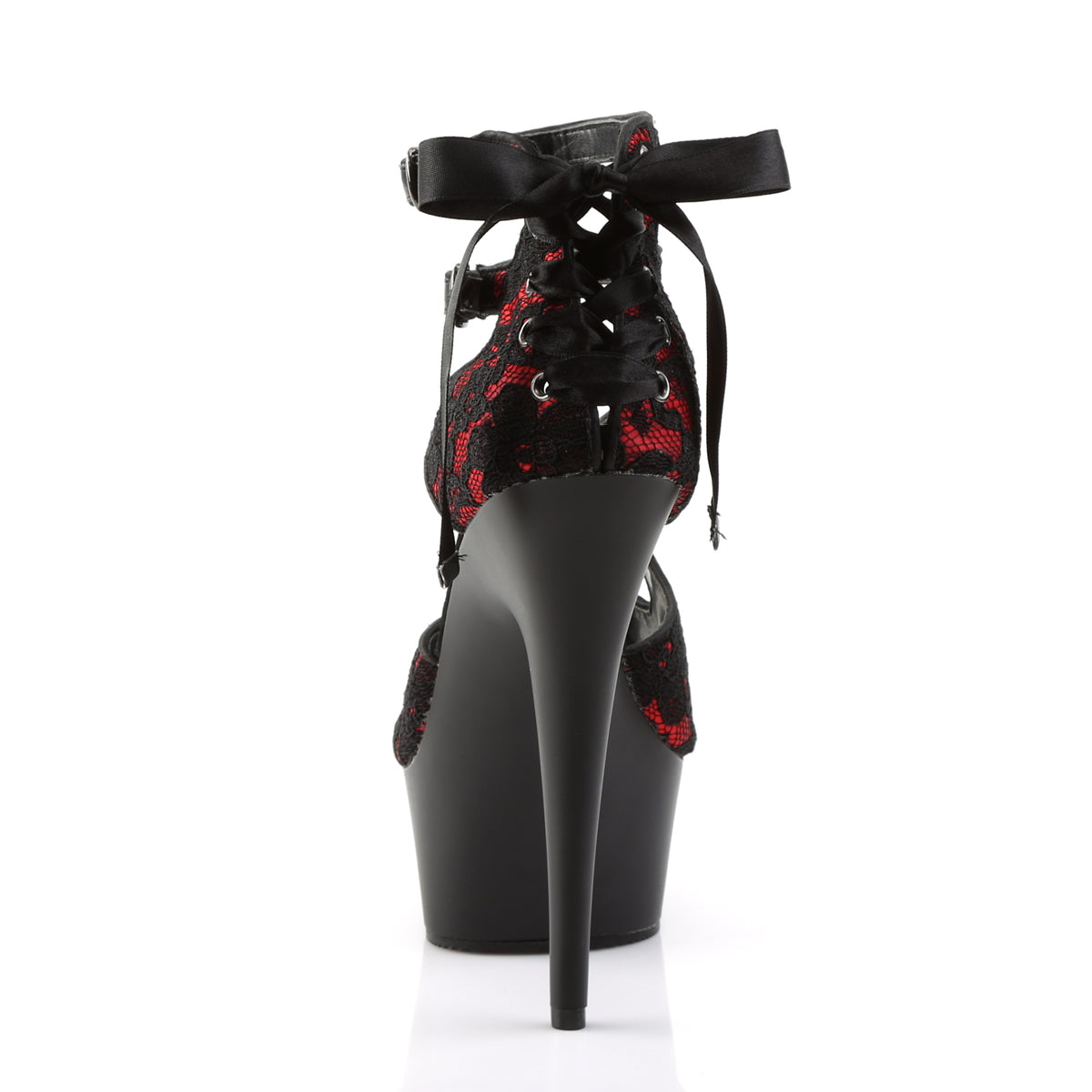 Pleaser Womens Sandals DELIGHT-678LC Red Satin-Lace/Blk Matte