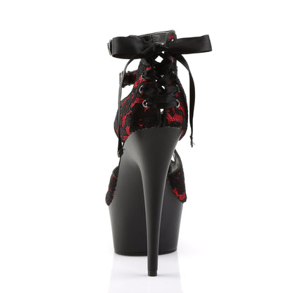 Pleaser Womens Sandals DELIGHT-678LC Red Satin-Lace/Blk Matte