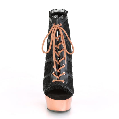 Pleaser Womens Ankle Boots DELIGHT-696LC Blk Faux Leather-Lace/Rose Gold Chrome