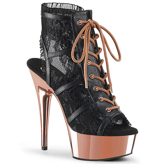 Pleaser Womens Ankle Boots DELIGHT-696LC Blk Faux Leather-Lace/Rose Gold Chrome