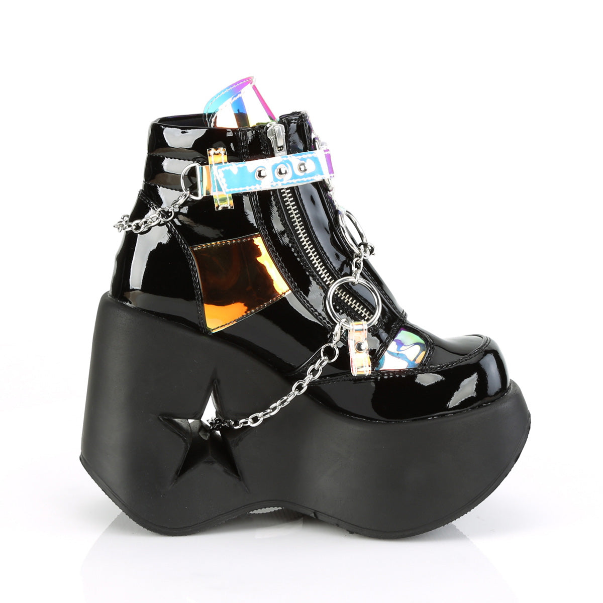 DemoniaCult Damenknöchelstiefel DYNAMITE-101 BLK Pat-Magic Mirror TPU