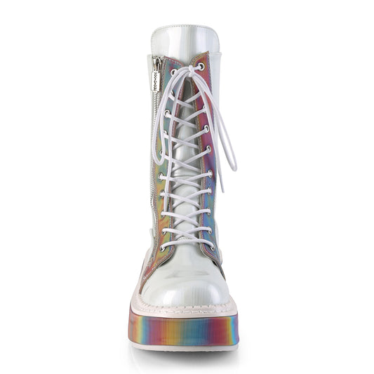 DemoniaCult Frauenstiefel EMILY-350 WHT gebürstete Hologramm vegane Leder-Rainbow Reflektierend