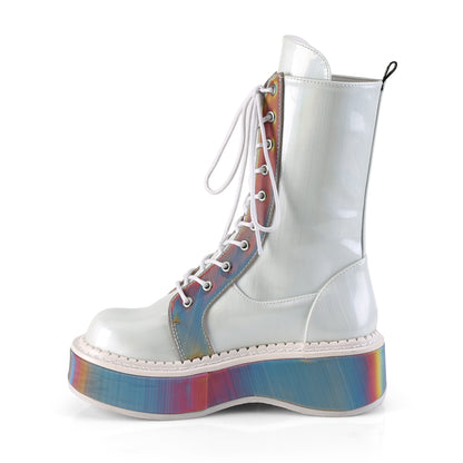 DemoniaCult Frauenstiefel EMILY-350 WHT gebürstete Hologramm vegane Leder-Rainbow Reflektierend