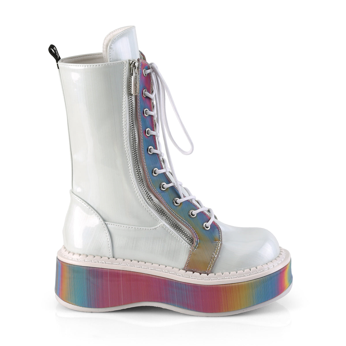 DemoniaCult Frauenstiefel EMILY-350 WHT gebürstete Hologramm vegane Leder-Rainbow Reflektierend