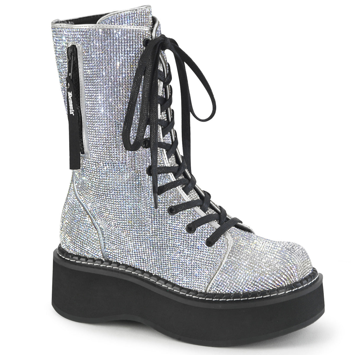 DemoniaCult Frauenstiefel EMILY-362 Silber veganer Leder-Rhinestone