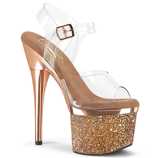 Pleaser Damen Sandalen ESTEEM-708CHLG CLR / ROSE GOLD Chrome-Multi-Glitzer