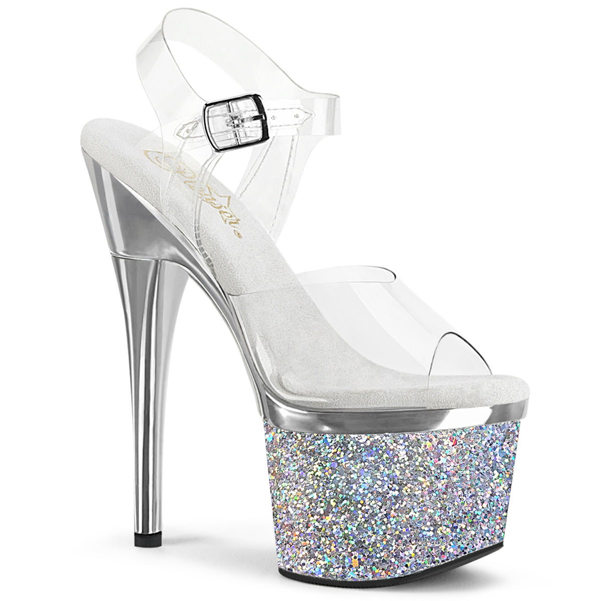 Pleaser Womens Sandals ESTEEM-708CHLG Clr/Slv Chrome-Multi Glitter