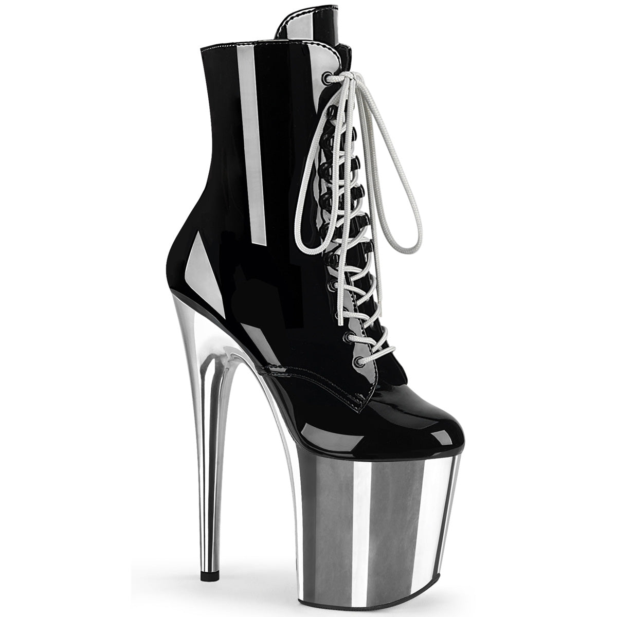 Pleaser Damen Knöchelstiefel FLAMINGO-1020 BLK Pat / SLV Chrome