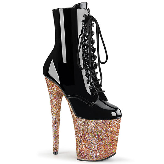 Pleaser Womens Ankle Boots FLAMINGO-1020LG Blk Pat/Rose Gold Glitter