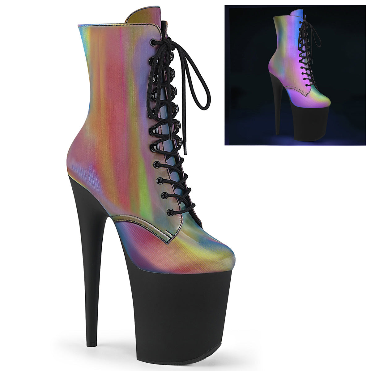 Pleaser Damen Knöchelstiefel FLAMINGO-1020Refl. Rainbow Reflektierend / blk matt
