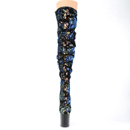 Pleaser Womens Boots FLAMINGO-3004 Blue Iridescent Sequins/Blk