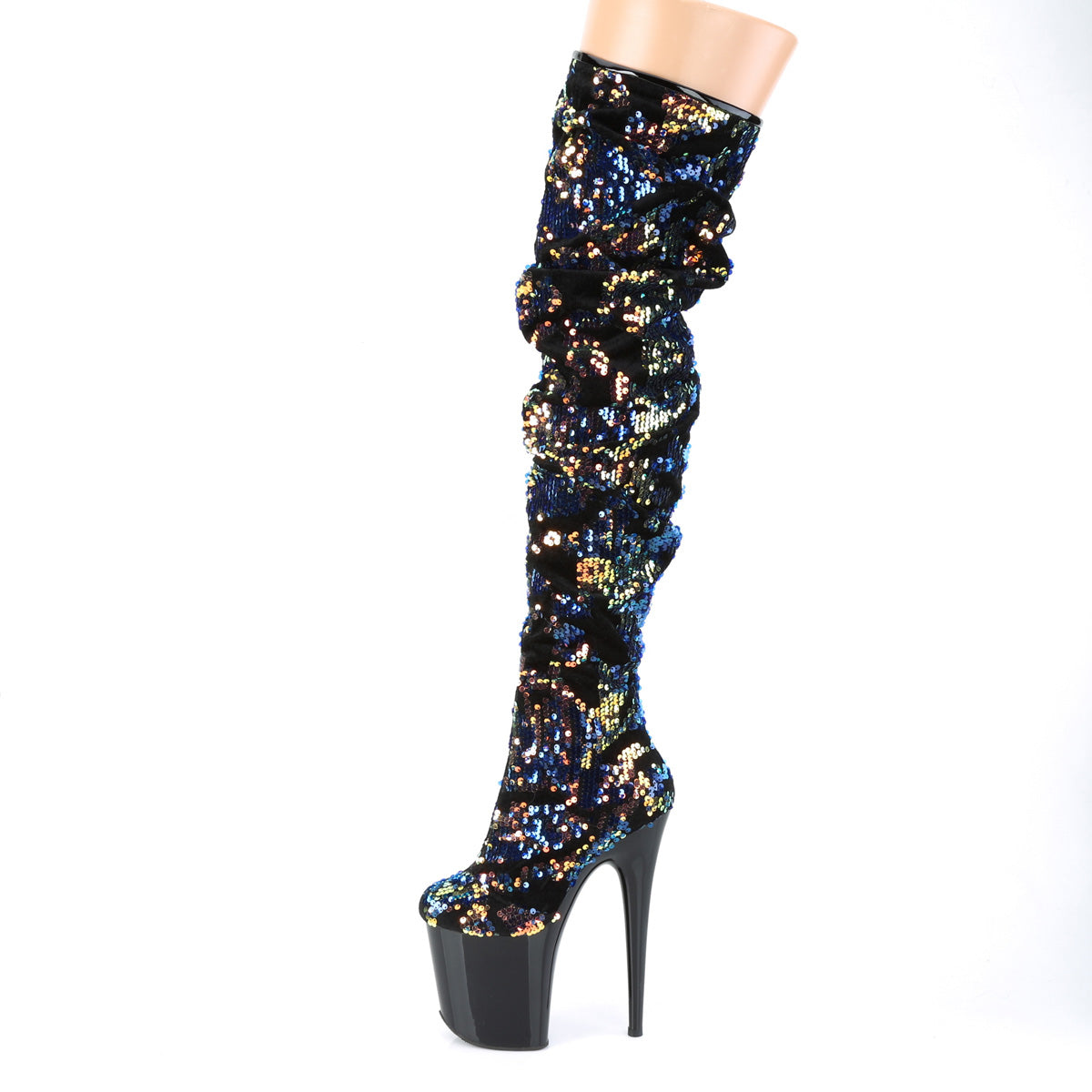 Pleaser Womens Boots. FLAMINGO-3004 Blaue irisierende Pailletten / BLK
