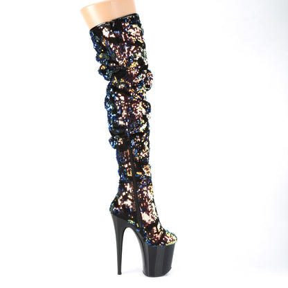 Pleaser Womens Boots FLAMINGO-3004 Blue Iridescent Sequins/Blk