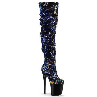 Pleaser Womens Boots FLAMINGO-3004 Blue Iridescent Sequins/Blk