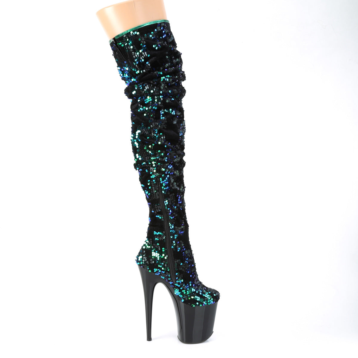 Pleaser Womens Boots. FLAMINGO-3004 Grüne irisierende Pailletten / BLK