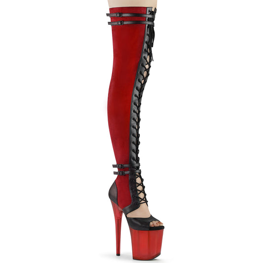 Pleaser Womens Boots. FLAMINGO-3027 Rotes Faux-Wildleder-BLK-Kunstleder / Mattrotes