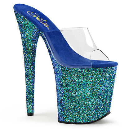 Pleaser Damen Sandalen FLAMINGO-801lg CLR / Blue Holo-Glitzer