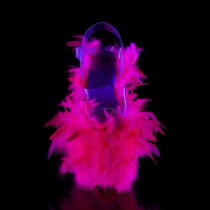 Pleaser Womens Sandals FLAMINGO-808F Clr/Neon H. Pink Marabou Feather