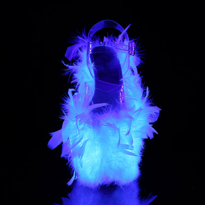 Pleaser Womens Sandals FLAMINGO-808F Clr/Neon Wht Marabou Feather