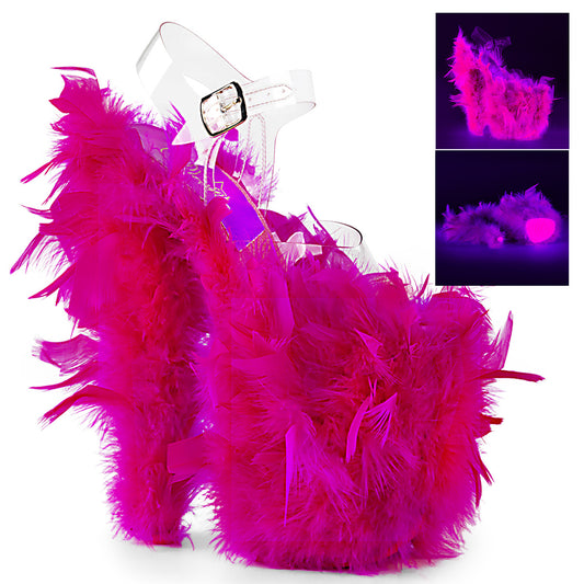 Pleaser Womens Sandals FLAMINGO-808F Clr/Neon H. Pink Marabou Feather