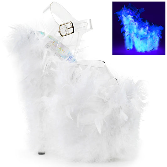 Pleaser Womens Sandals FLAMINGO-808F Clr/Neon Wht Marabou Feather