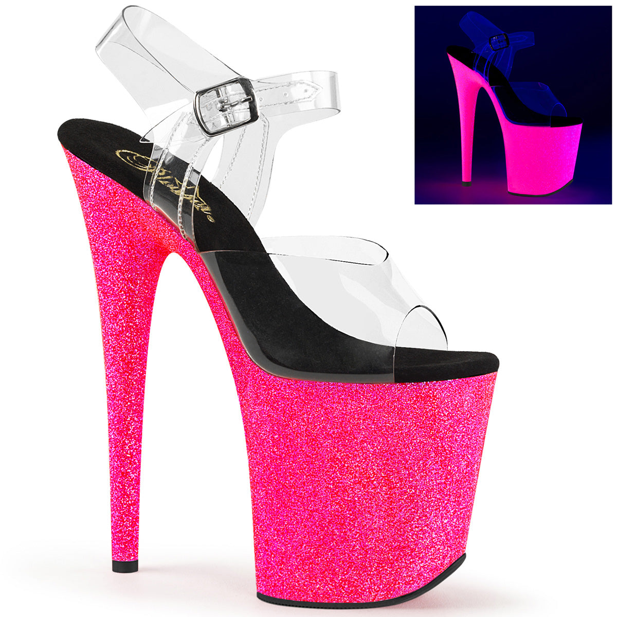 Pleaser Damen Sandalen FLAMINGO-808uvg CLR / Neon H. Rosa Glitzer