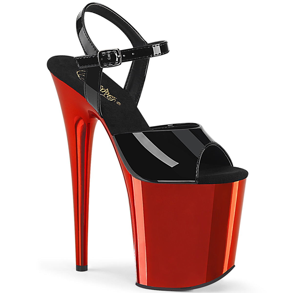 Pleaser Womens Sandals FLAMINGO-809 Blk Pat/Red Chrome
