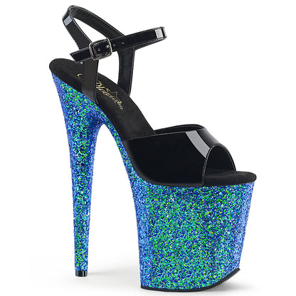 Pleaser Damen Sandalen FLAMINGO-809LG BLK Pat / Blue Multi Glitter