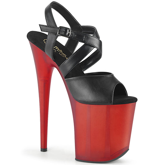 Pleaser Womens Sandals FLAMINGO-822T Blk Faux Leather/Frosted Red