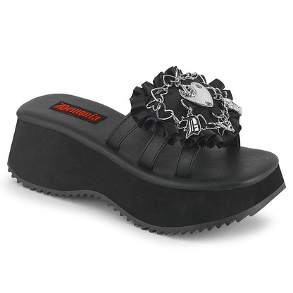 DemoniaCult Women's Sandals FLIP-16 Blk Vegan Leather-Satin
