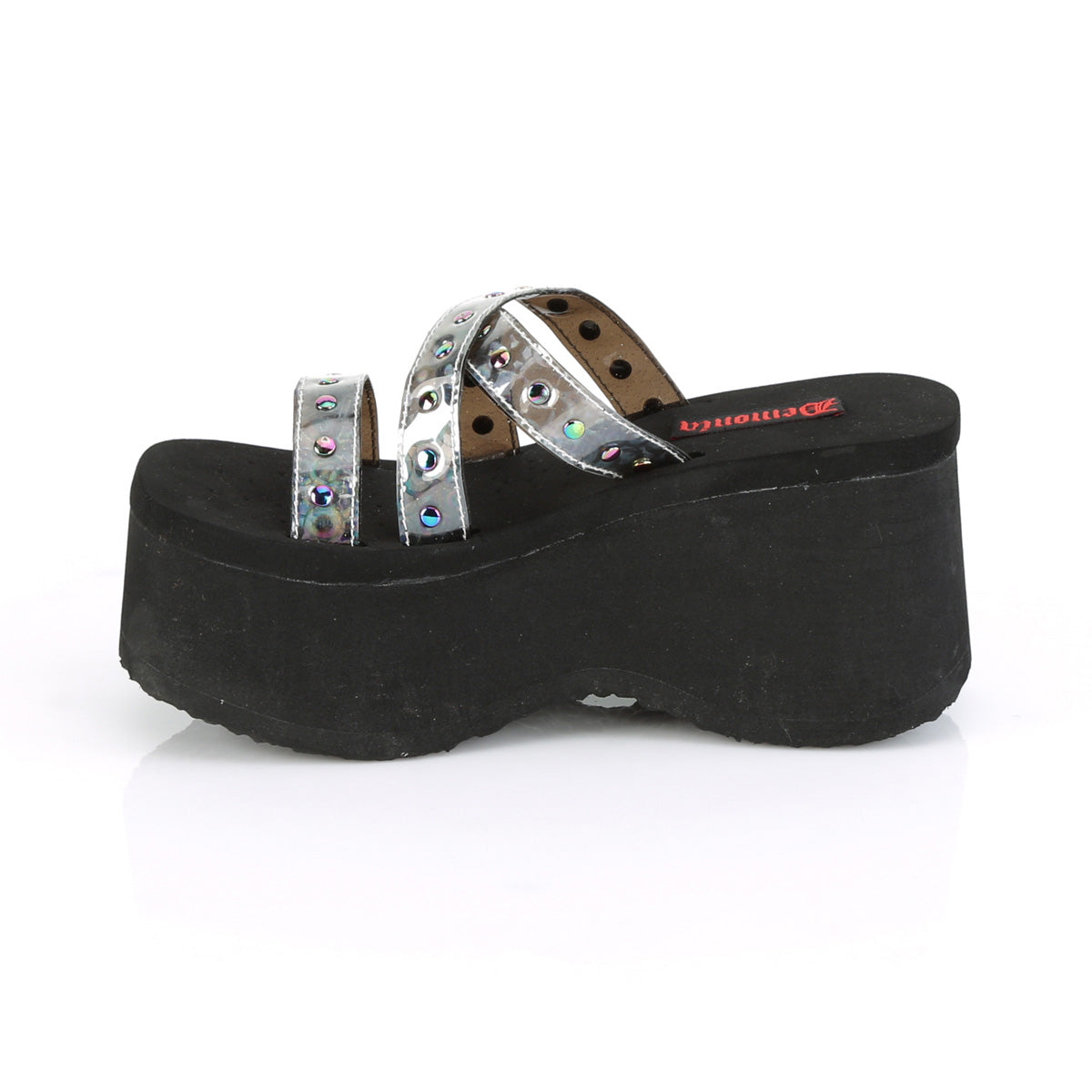 DemoniaCult Frauen Sandalen FUNN-19 BLK Oil Flick Hologramm