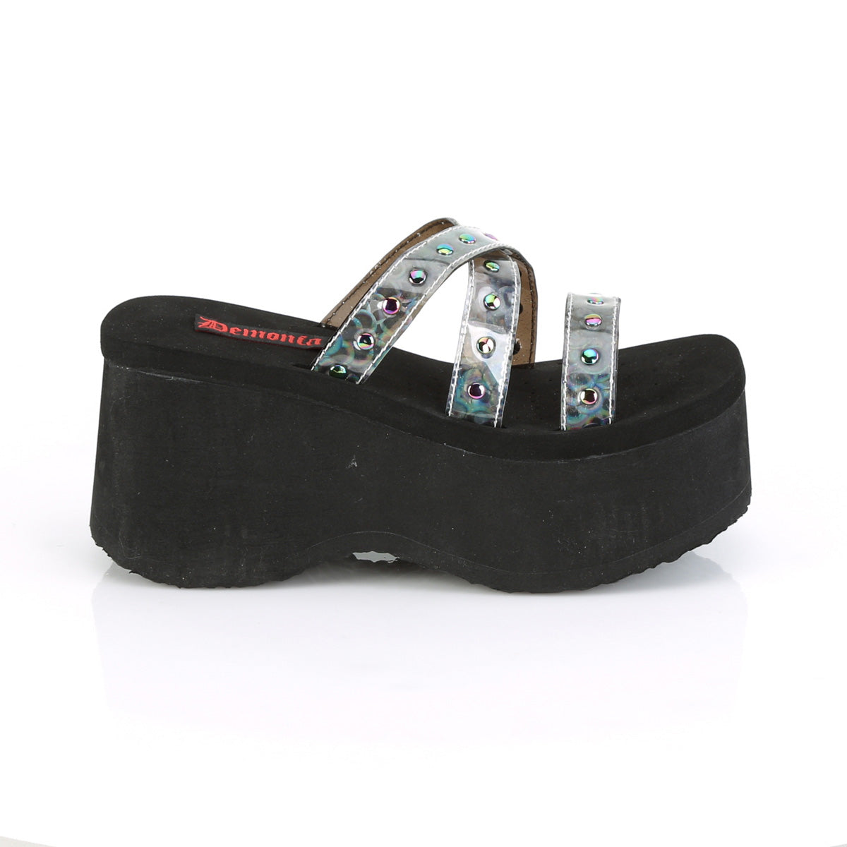 DemoniaCult Frauen Sandalen FUNN-19 BLK Oil Flick Hologramm