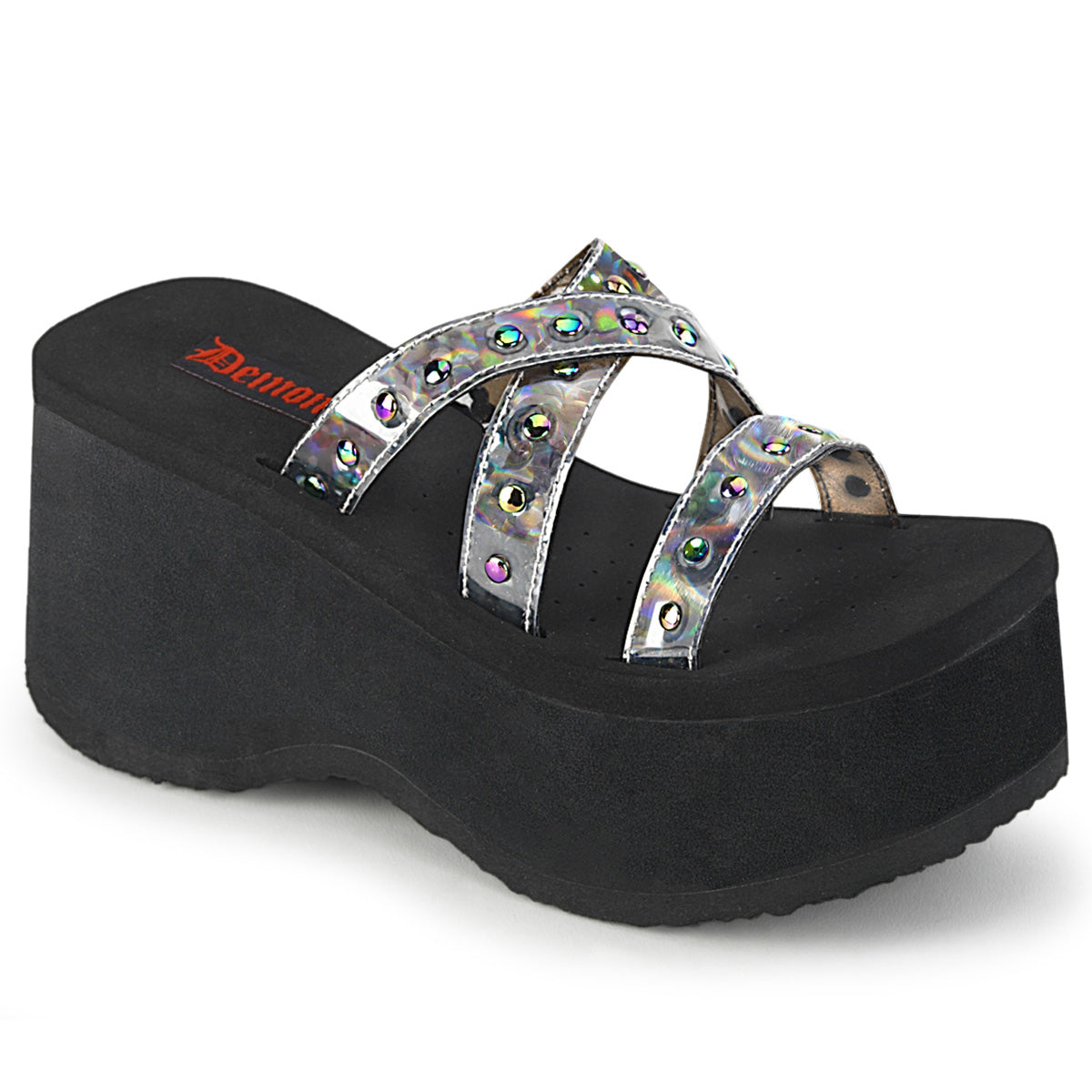 DemoniaCult Frauen Sandalen FUNN-19 BLK Oil Flick Hologramm