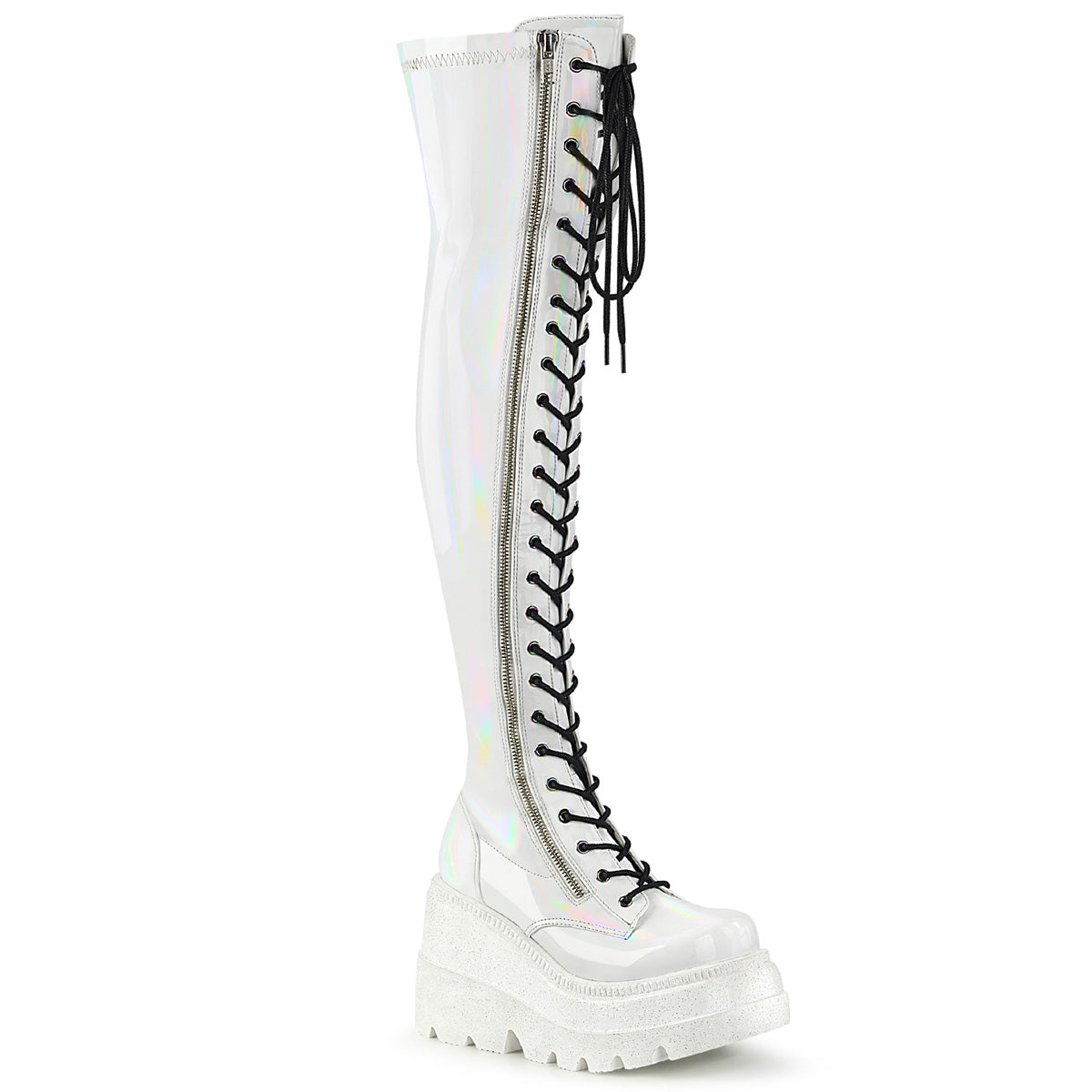 DemoniaCult Frauenstiefel SHAKER-374 WHT Hologramm Stretchpatent
