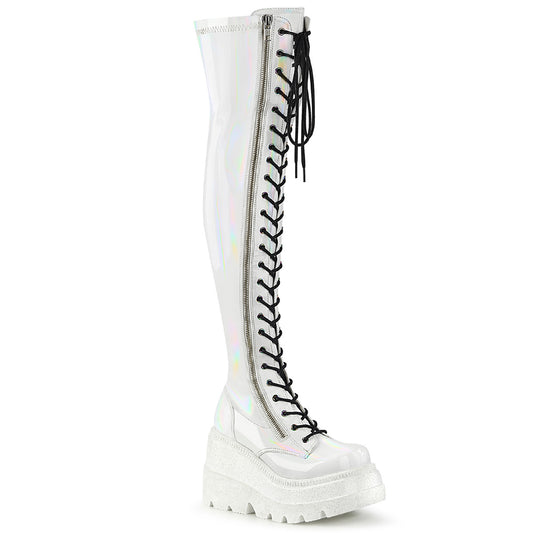 DemoniaCult Frauenstiefel SHAKER-374 WHT Hologramm Stretchpatent