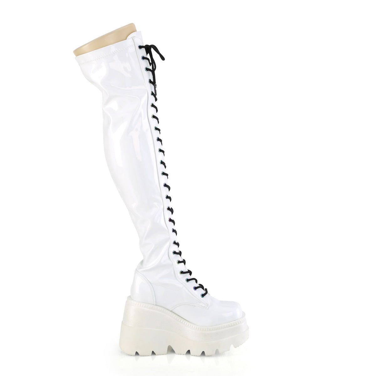 DemoniaCult Frauenstiefel SHAKER-374 WHT Hologramm Stretchpatent