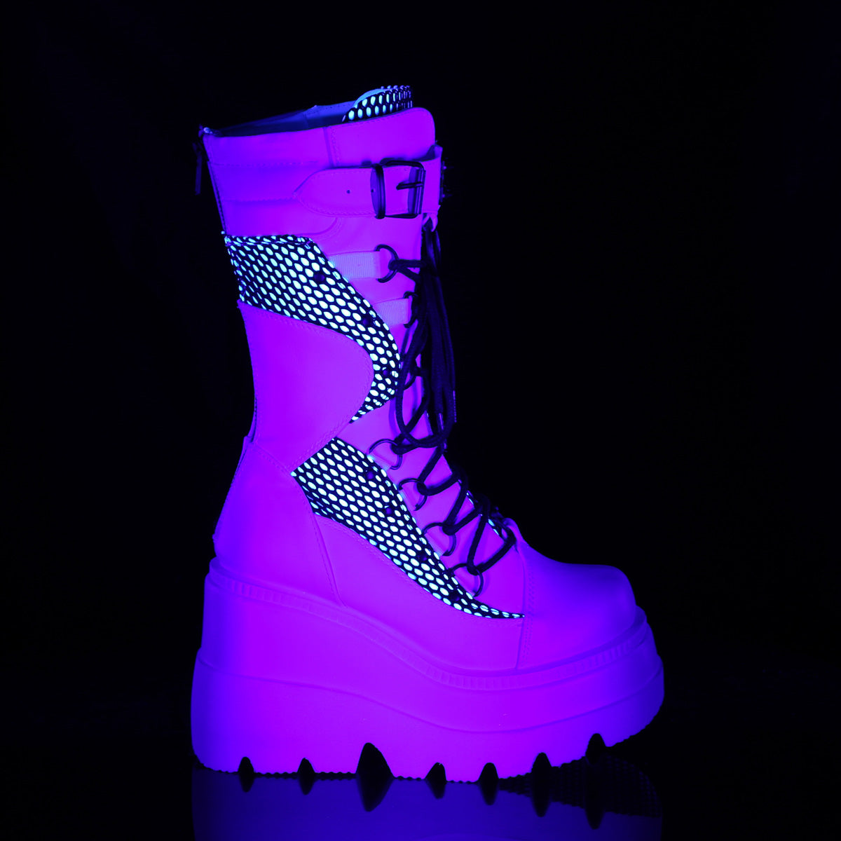 DemoniaCult Frauenstiefel SHAKER-70 Weiße veganer Leder-Blk-Fischnett