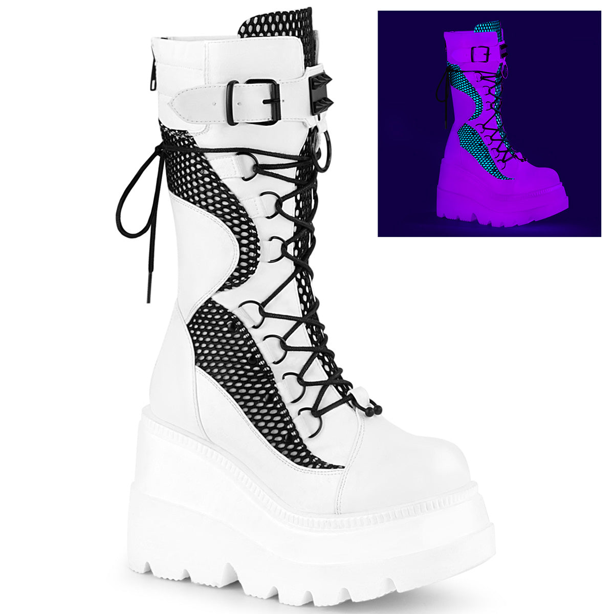 DemoniaCult Frauenstiefel SHAKER-70 Weiße veganer Leder-Blk-Fischnett